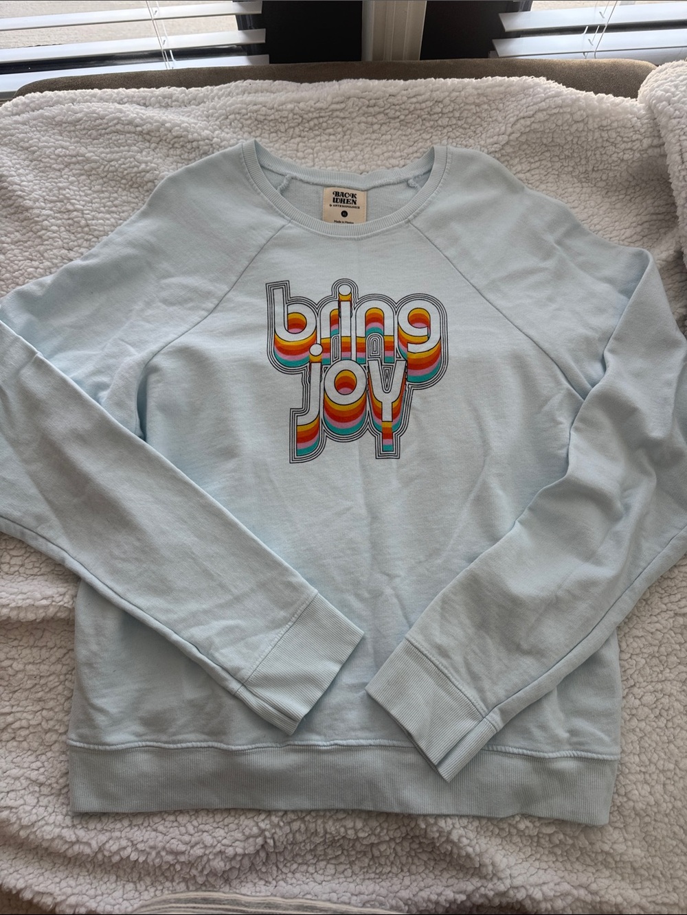 NWOT Anthropologie Light Blue "Bring Joy" Rainbow Graphic lightweight Sweatshirt